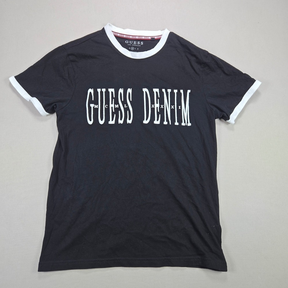 Guess T-Shirt Ringer Graphic Logo Puff Print Black Mens Size‎ M